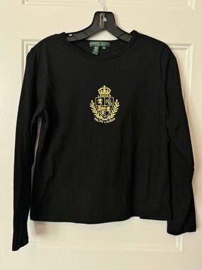 Lauren Ralph Lauren LRL Crest Logo Long Sleeve Tee Black Cotton Size PM